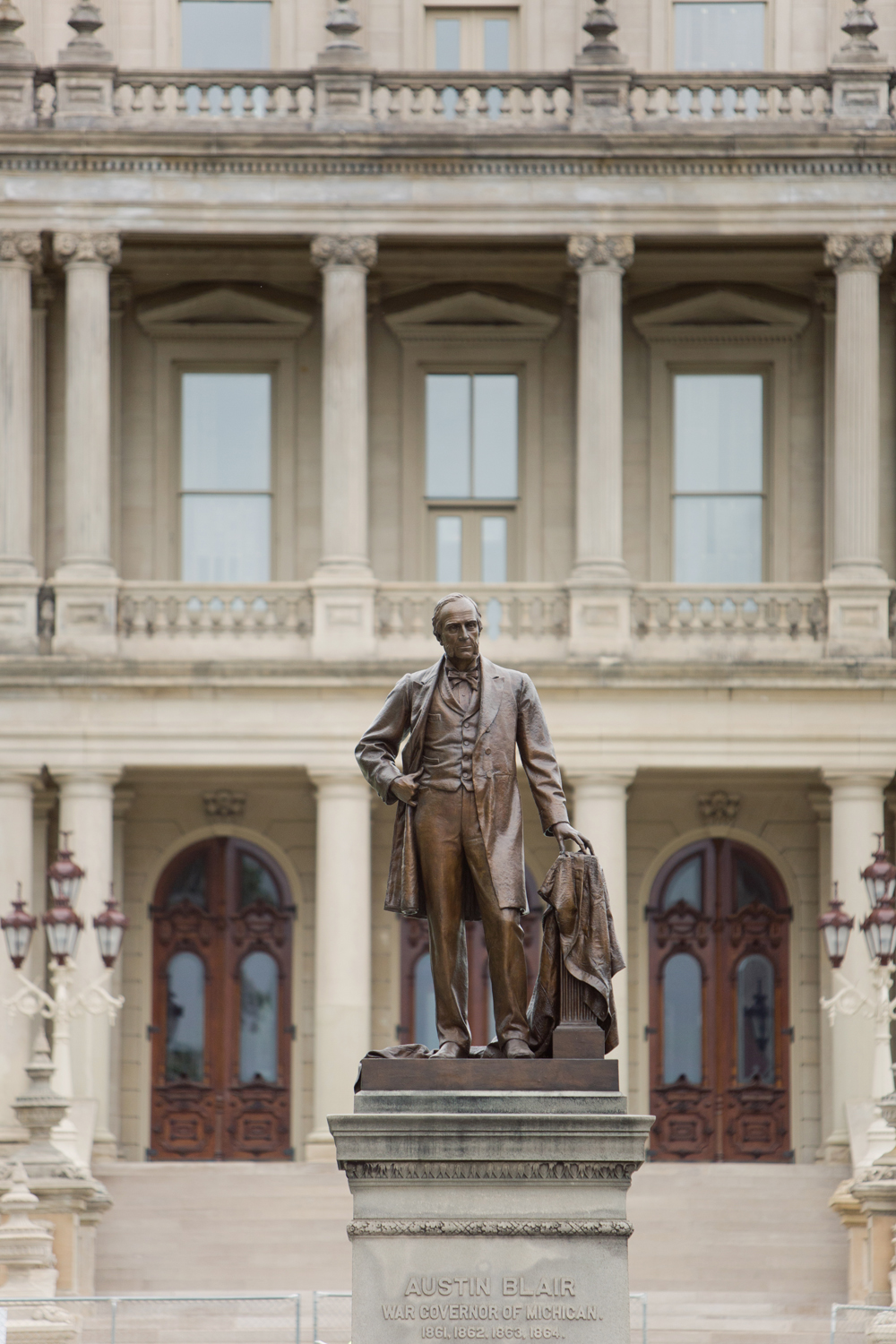 The statue of Governor Austin Blair stands outside the Lansing, Michigan capitol building.